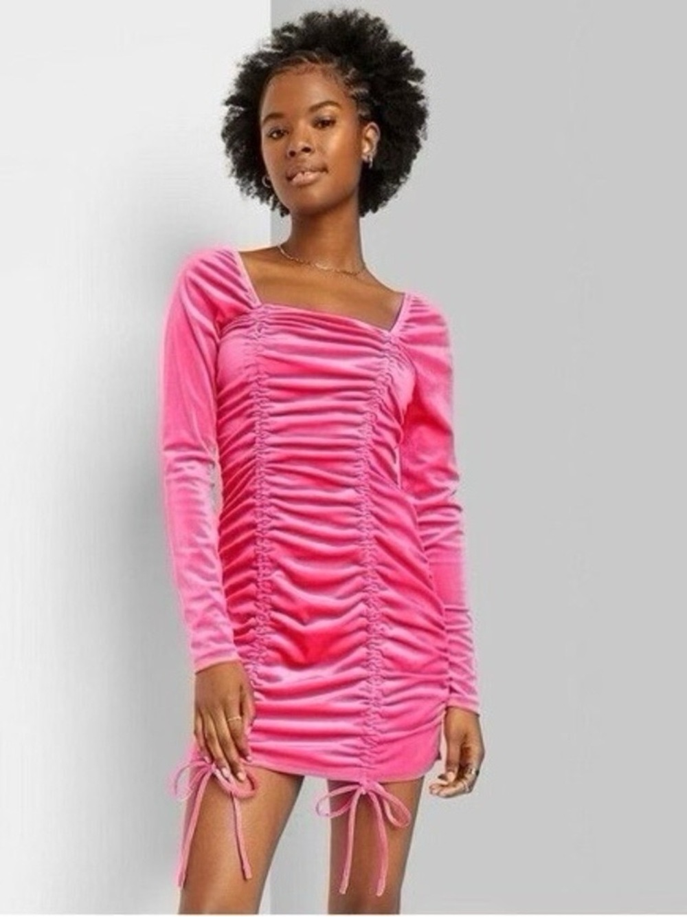 Wild Fable XS Pink Velvet Ruched Square Neck Bodycon Long Sleeve Mini Dress NWT
